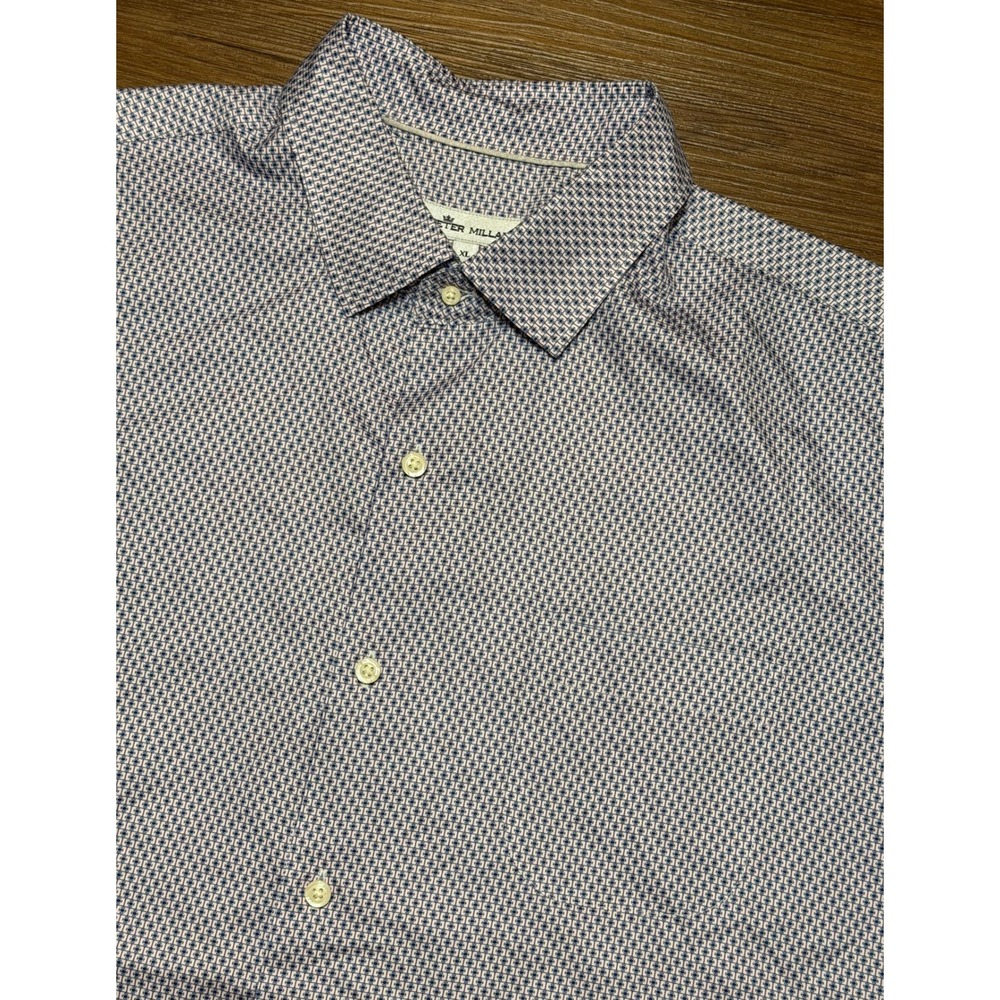 Peter Millar Performance Poplin SS Button Up Shirt Geometric Pattern Sz XL